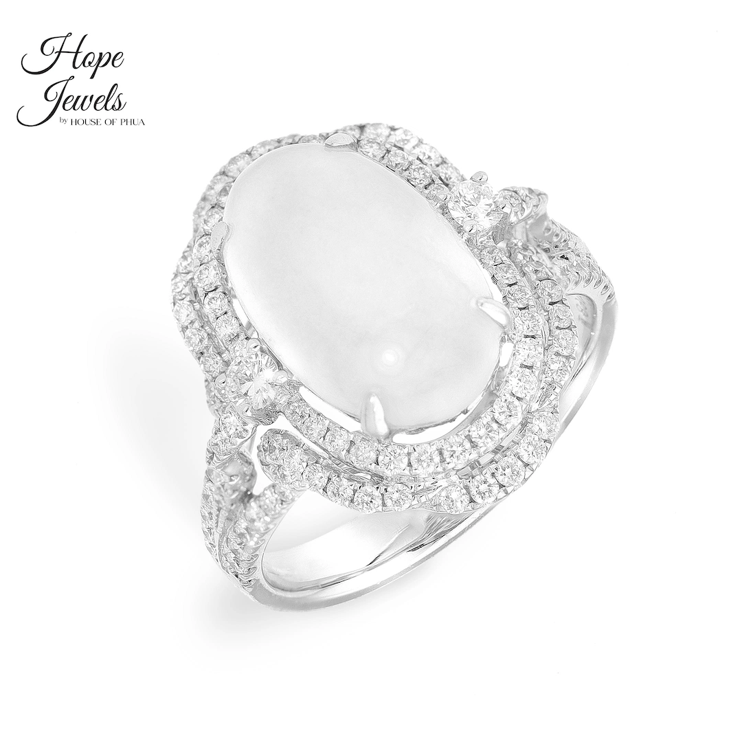 18K White Gold Ring set with Natural Diamonds and Icy White Jade Cabochon