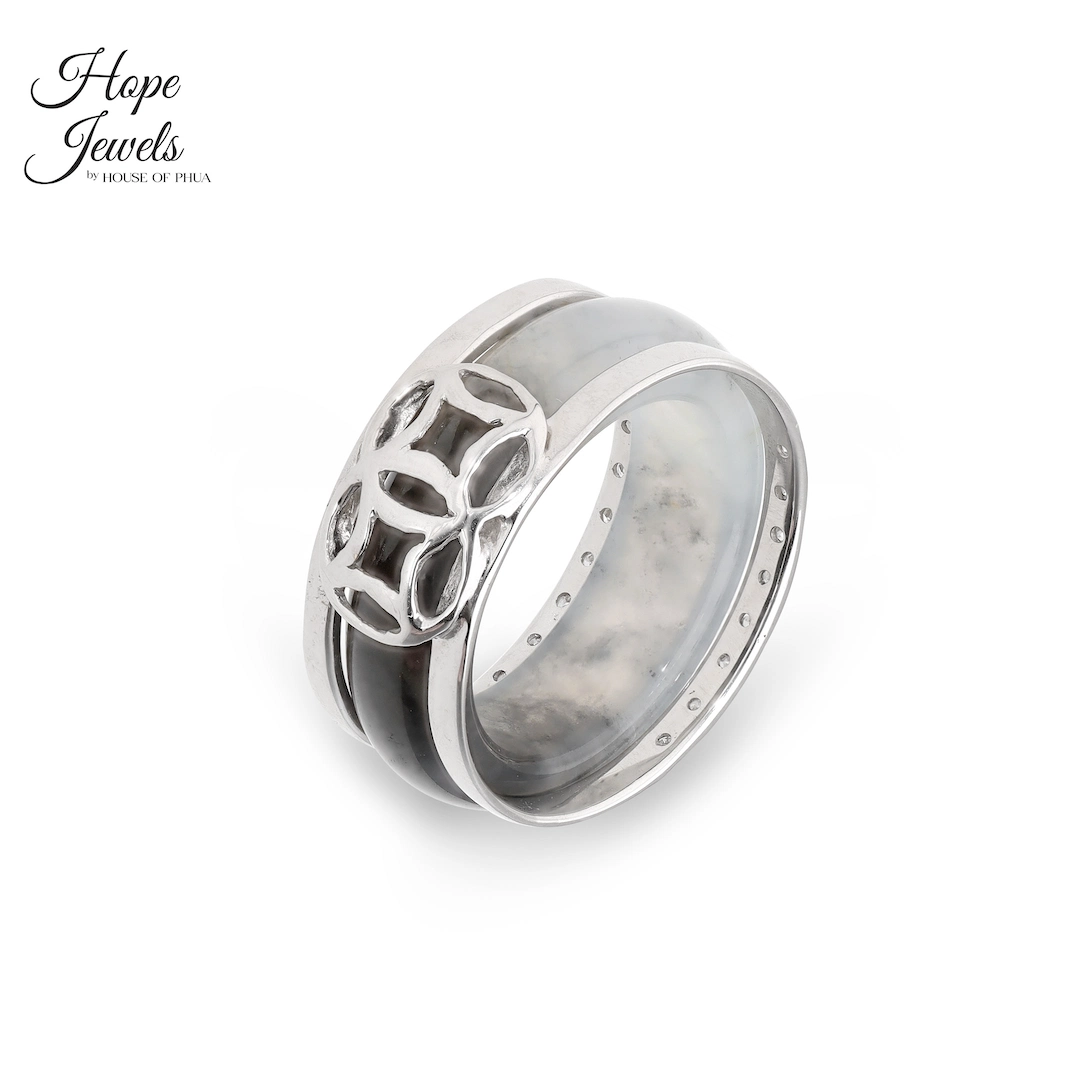 18K White Gold Ring Jacket set with Natural Diamonds with Black Jade Ring