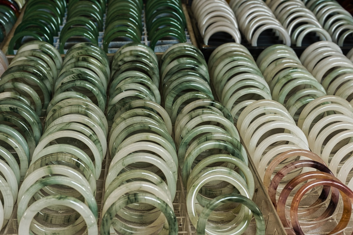 Rows of jade bangles in green and white shades