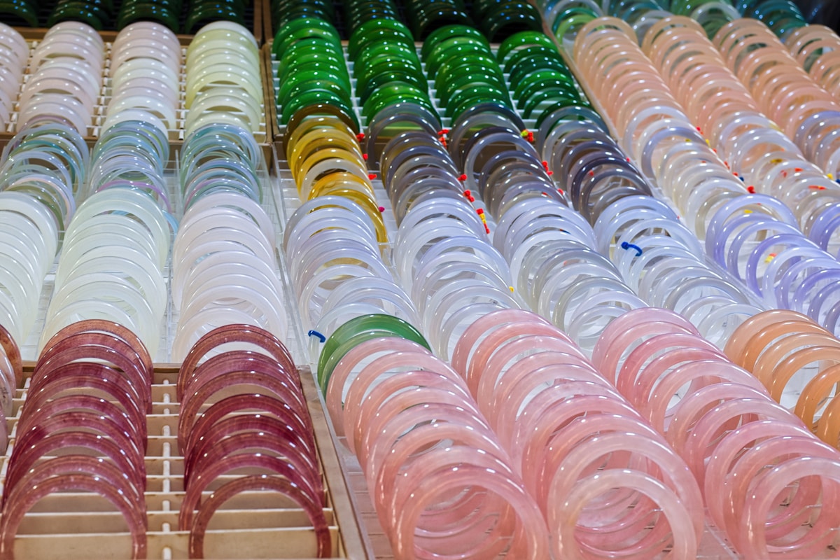 Rows of bracelets displayed for sale